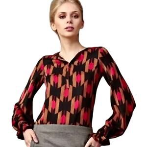 Diane von Furstenberg DVF Silk Stretch Geometric Print Balloon Sleeve Blouse